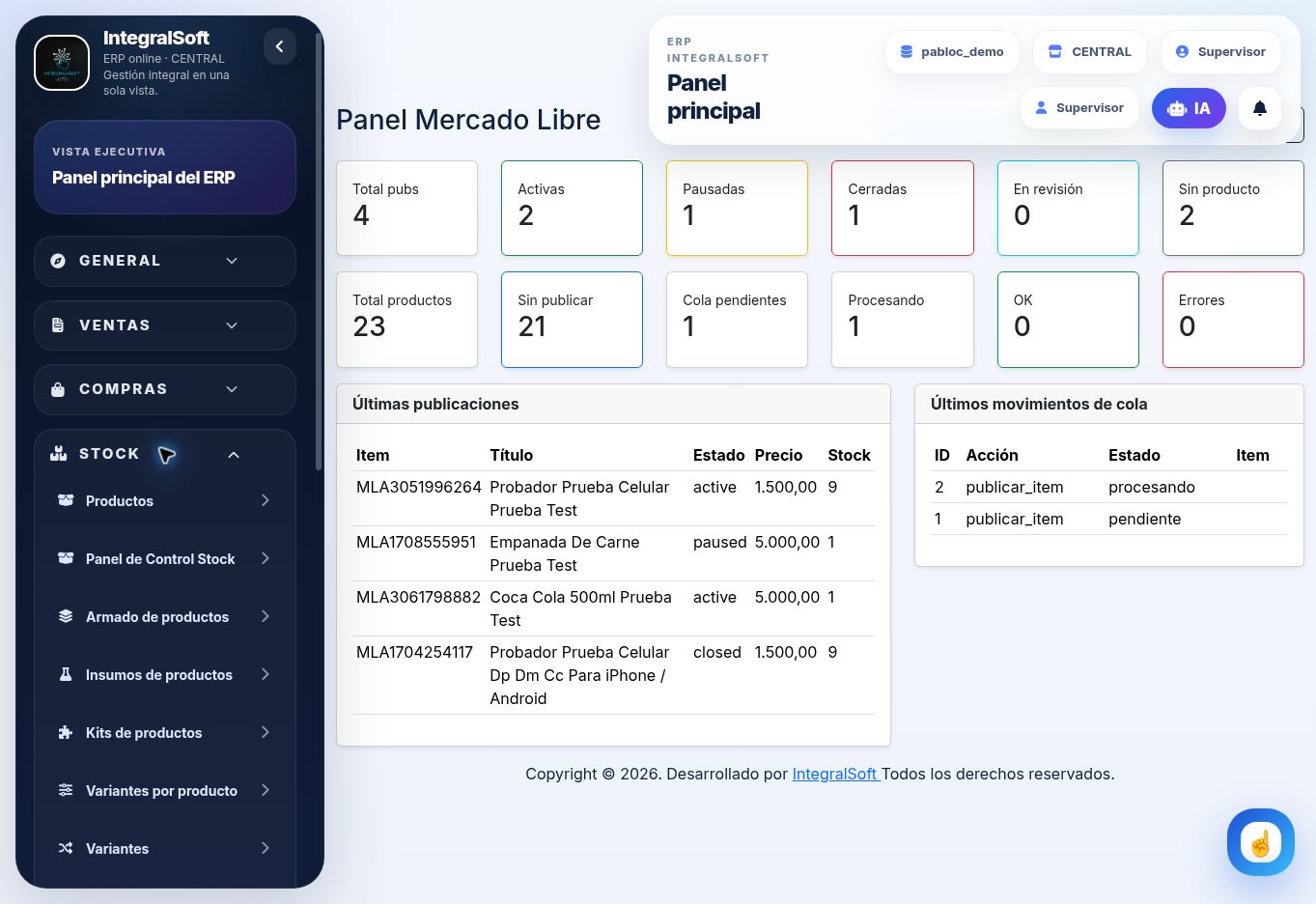 Integración real de Mercado Libre en IntegralSoft