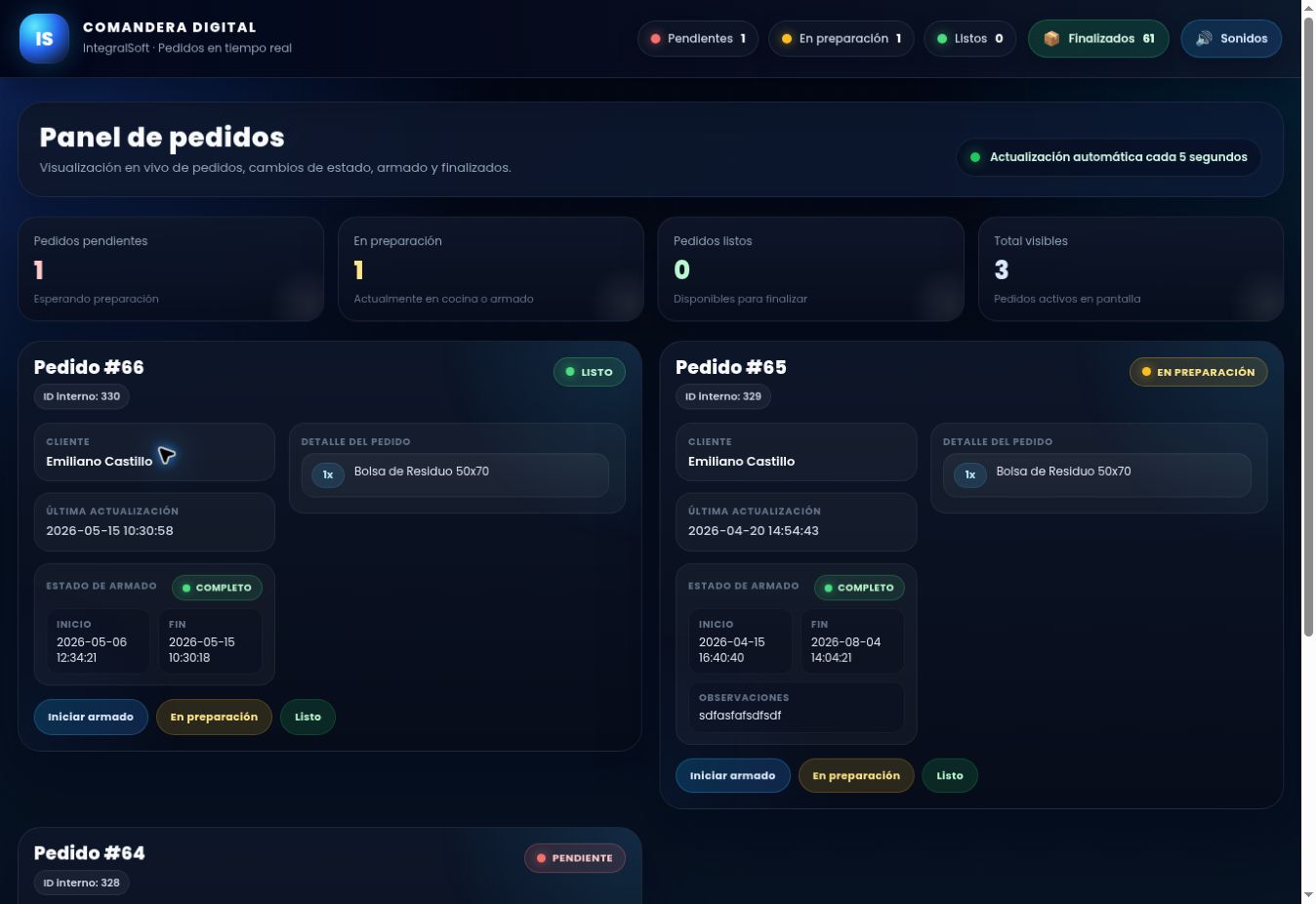 Gestión real de pedidos en IntegralSoft